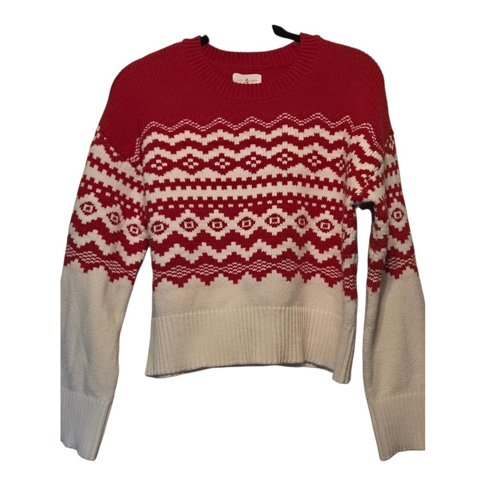 Lou & Grey Red Cream Fair Isle Cotton Blend Holiday Crewneck Sweater OS